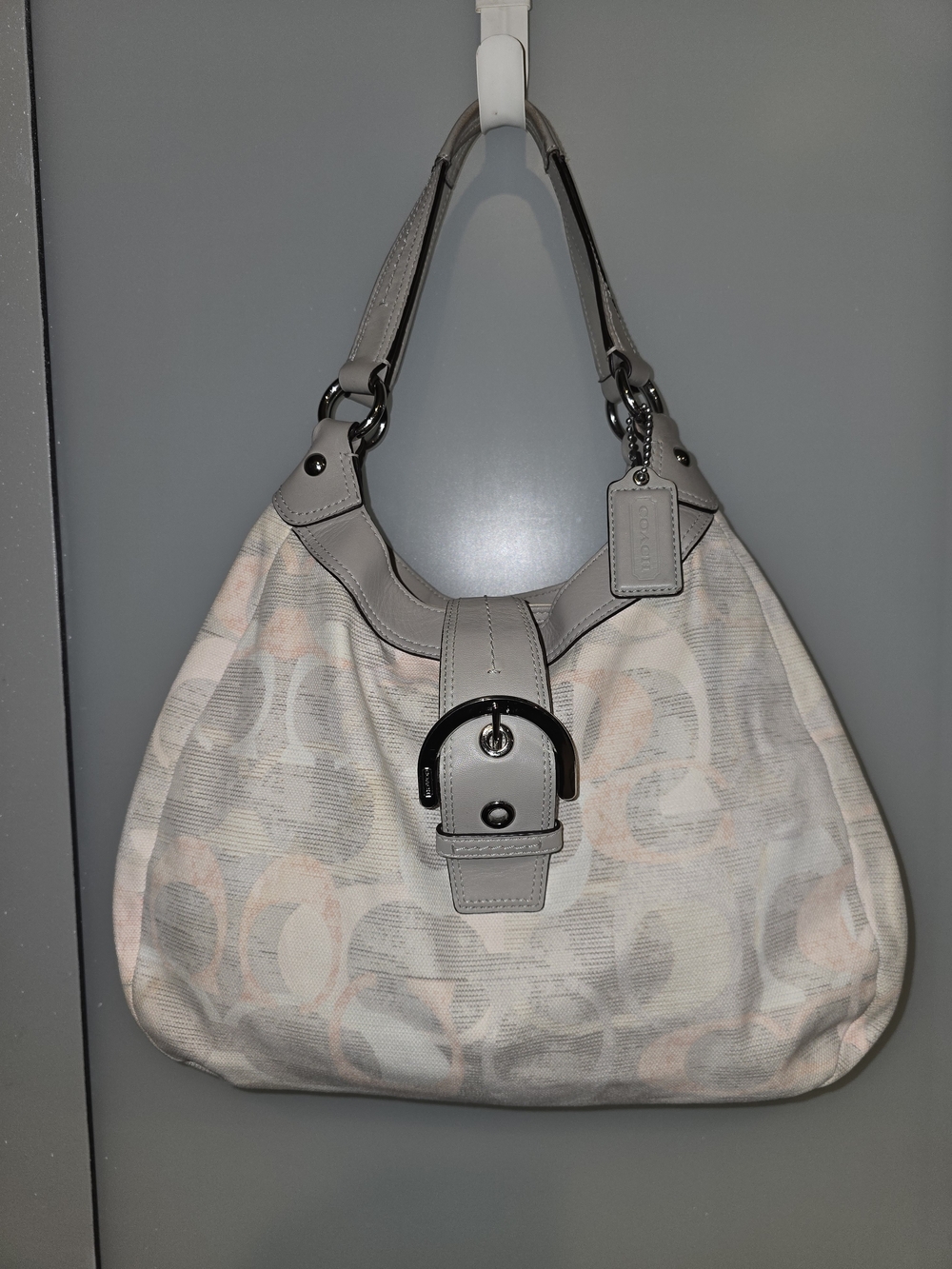 COACH F19214 Soho Lynn Hobo Bag  Gray Cream & Pink Canvas Leather Trim *sm FLAWS